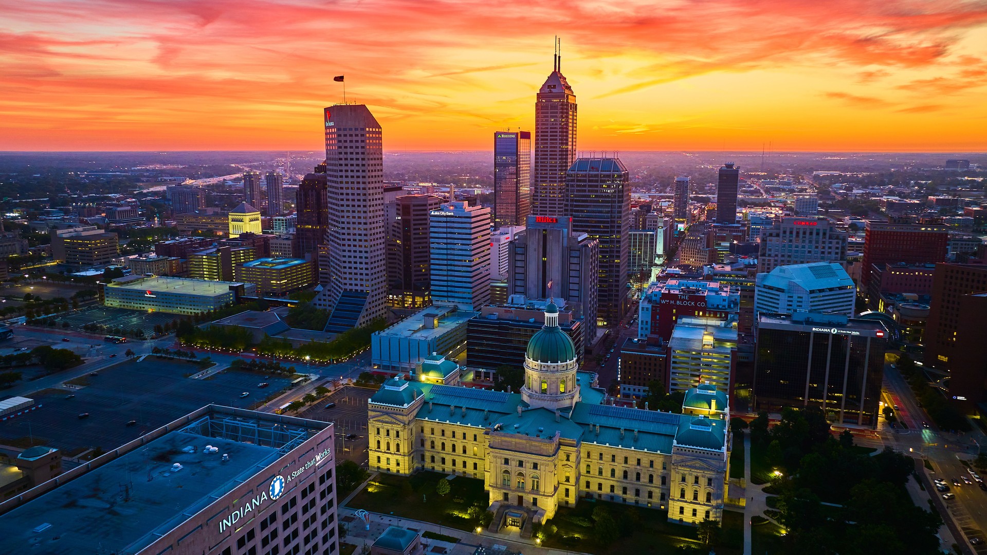 Aerial Twilight Cityscape with Historic Courthouse in Indianapolis